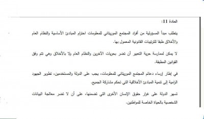 صورة من  المادة ١١ من قانون مجتمع المعلومات نشرها المدون والناشط سيدي محمد لمين على فيسبوك